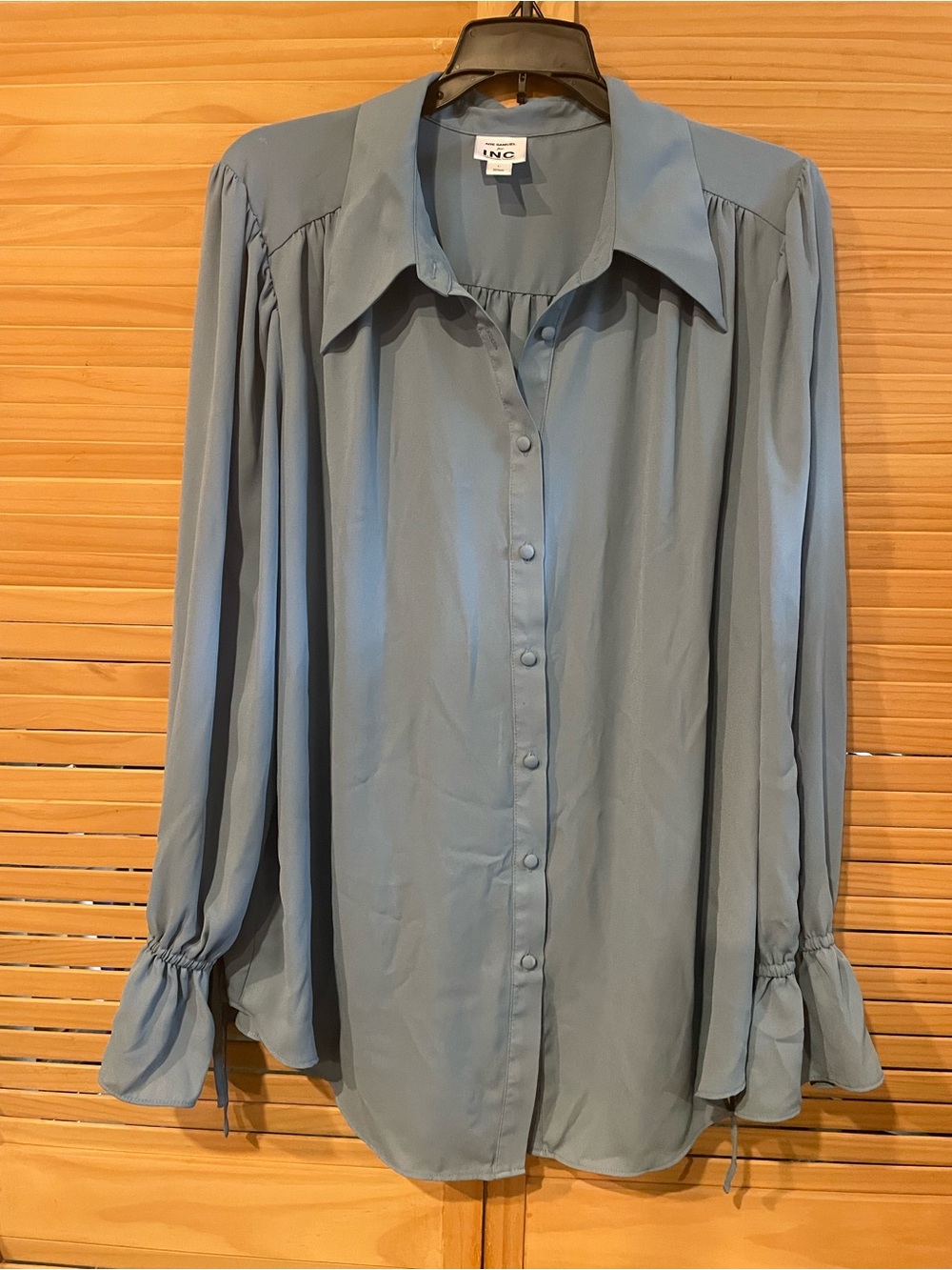 INC International Concepts Dusty Blue Button-Front Long Sleeve Blouse